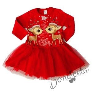 Коледна детска/бебешка рокля в червено с тюл с две сърни