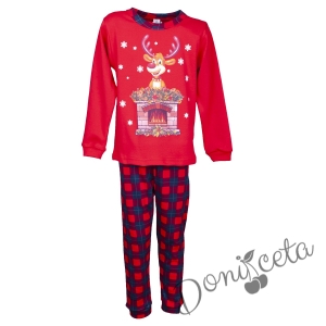 Детска/дамска коледна пижама  в червено с каре и с еленче 1