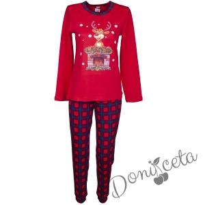 Детска/дамска коледна пижама  в червено с каре и с еленче 3