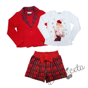 Детски комплект от къси панталонки в червено каре, сако в червено с каре и блуза в бяло с коледна картинка на момиче 1