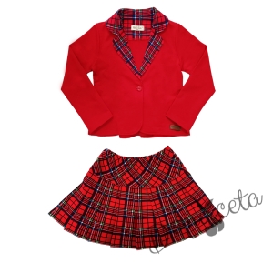 Детски комплект за момиче от пола плисе в каре и сако в червено с каре 55700129 2