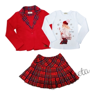 Детски комплект за момиче от пола каре, сако в червено каре и блуза в бяло с коледна картинка на момиче 