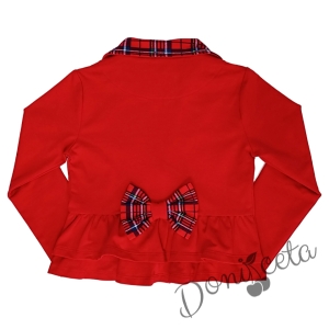 Детски комплект за момиче от пола каре, сако в червено каре и блуза в бяло с коледна картинка на момиче  6