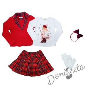 Детски комплект от 5 части - пола каре, сако в червено каре, блуза в бяло с коледна картинка на момиче, диадема и фигурални чорапи в бяло