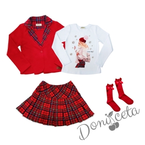 Детски комплект от 4 части - пола каре, сако в червено каре, блуза в бяло с коледна картинка на момиче  и чорапи в червено