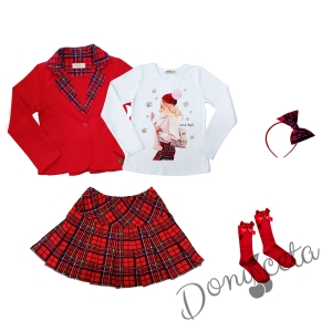 Детски комплект от 5 части - пола каре, сако в червено каре, блуза в бяло с коледна картинка на момиче, диадема и чорапи в червено