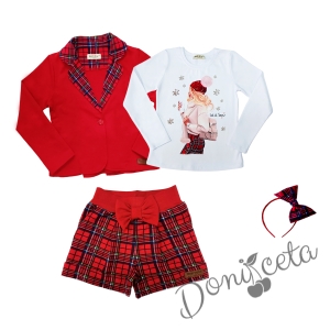 Детски комплект от 4 части - къси панталони каре, сако в червено каре, блуза в бяло с коледна картинка на момиче  и каре диадема 1