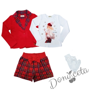 Детски комплект от 4 части - къси панталони каре, сако в червено каре, блуза в бяло с коледна картинка на момиче  и фигурални чорапи в бяло 1