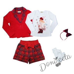 Детски комплект от 5 части - къси панталони каре, сако в червено каре, блуза в бяло с коледна картинка на момиче, диадема и фигурални чорапи в бяло 1