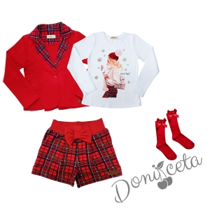 Детски комплект от 4 части - къси панталони каре, сако в червено каре, блуза в бяло с коледна картинка на момиче  и чорапи в червено 1