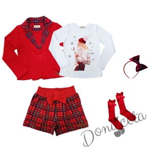 Детски комплект от 5 части - къси панталони каре, сако в червено каре, блуза в бяло с коледна картинка на момиче, диадема и чорапи в червено