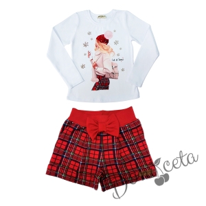 Детски комплект от къси панталонки в червено каре, блуза в бяло с коледна картинка на момиче и диадема каре 2