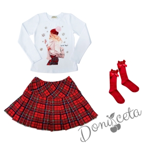Детски комплект за момиче от пола каре, блуза в бяло с коледна картинка на момиче и червени чорапи