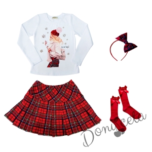 Детски комплект за момиче от 4 части - пола каре, блуза в бяло, диадема каре и чорапи в червено