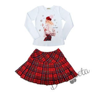 Детски комплект за момиче от 4 части - пола каре, блуза в бяло, диадема каре и чорапи в червено 2