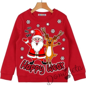Коледна леко ватирана блуза в червено с дълъг ръкав с Дядо Коледа, еленче и надпис 57700173