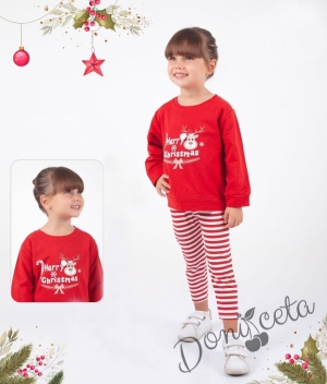 Коледен комплект блуза в червено с еленче и надпис Весела Коледа с раирани панталони 5400079 1