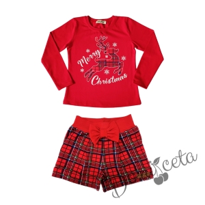 Детски комплект от къси панталонки в червено каре и блуза в червено с еленче 1