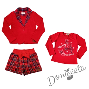 Детски комплект от къси панталонки в червено каре, сако в червено с каре и блуза в червено с еленче 1