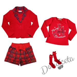 Детски комплект от 4 части - къси панталонки в червено каре, сако в червено с каре, блуза в червено с еленче и чорапи в червено с панделка 1