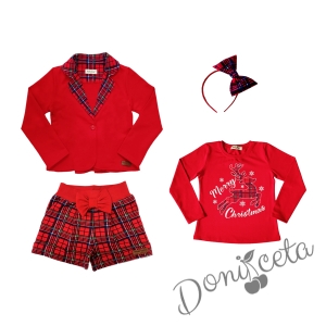 Детски комплект от 4 части - къси панталонки в червено каре, сако в червено с каре, блуза в червено с еленче и каре диадема 1