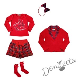 Детски комплект от 5 части - къси панталонки в червено каре, сако в червено с каре, блуза в червено с еленче, каре диадема и чорапи в червено 1