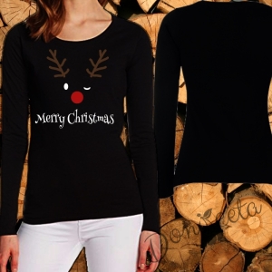Дамска блуза с дълъг ръкав в черно Весела Коледа с елен