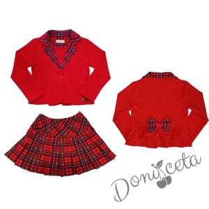 Детски комплект за момиче от пола каре, сако в червено каре и блуза в червено с еленче и надпис 2