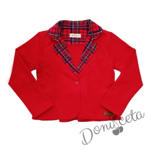 Детски комплект за момиче от пола каре, сако в червено каре и блуза в червено с еленче и надпис 5