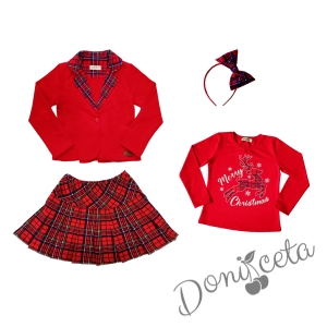 Детски комплект от 4 части - пола каре, сако в червено каре, блуза в червено с еленче и надпис 1