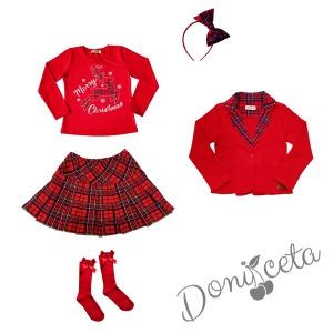 Детски комплект от 5 части - пола каре, сако в червено каре, блуза в червено с еленче и надпис, диадема и чорапи в червено