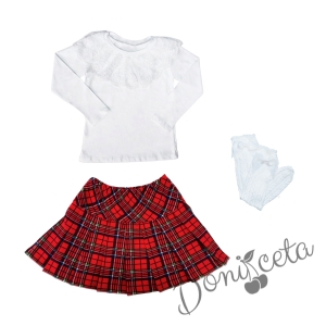 Детски комплект за момиче от 4 части - пола каре, блуза в бяло с дълъг ръкав и дантела, диадема каре фигурални чорапи в бяло 1