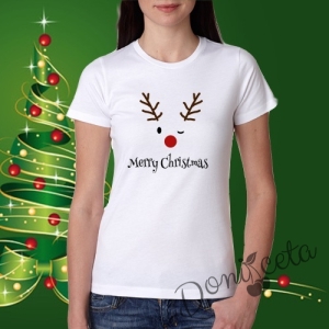 Дамска тениска в бяло с надпис Весела Коледа и елен
