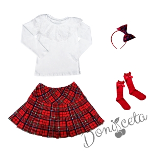 Детски комплект за момиче от 4 части - пола каре, блуза в бяло с дантела, диадема каре и чорапи в червено 1