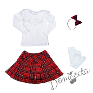 Детски комплект за момиче от 4 части - пола каре, блуза в бяло с дантела, диадема каре и фигурални чорапи 1