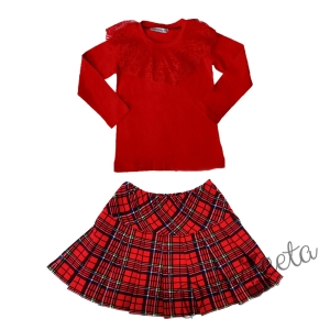 Детски комплект за момиче от пола каре, блуза в червено с дълъг ръкав и дантела 1