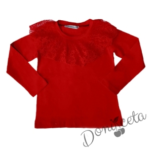 Детски комплект за момиче от 3 части - пола каре, блуза в червено с дълъг ръкав и дантела и диадема каре 2