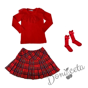 Детски комплект за момиче от 3 части - пола каре, блуза в червено с дълъг ръкав и дантела и чорапи в червено 1