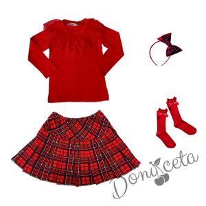 Детски комплект за момиче от 4 части - пола каре, блуза в червено с дантела, диадема каре и чорапи в червено 1