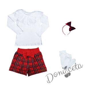 Детски комплект от 4 части - къси панталонки в червено каре, блуза в бяло с дантела, диадема каре и фигурални чорапи в бяло 1