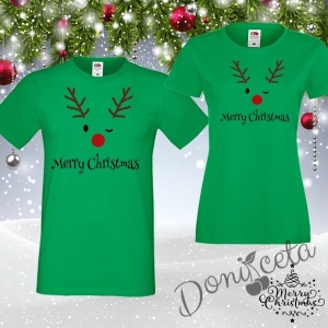 Комплект от тениски за Мама и Тате в зелено с елен и надпис Весела Коледа 1