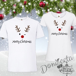 Комплект от тениски за Мама и Тате в бяло с елен и надпис Весела Коледа 1