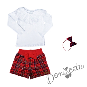 Детски комплект от 3 части - къси панталонки в червено каре, блуза в бяло с дантела и диадема каре 1