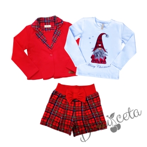 Детски комплект за момиче от къси панталонки в каре, червено сако и блуза в бяло с коледно джудже