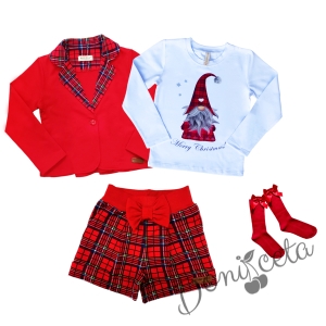 Детски комплект за момиче от 4 части - къси панталонки в каре, червено сако, блуза в бяло с коледно джудже, червени чорапи 1