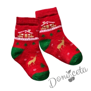 Коледни червени термо чорапи с къщичка, еленче и елхички