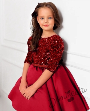 Официална детска рокля с 3/4 ръкав в червено с пайети 