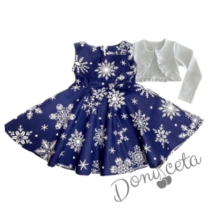Детска коледна рокля в тъмносиньо със снежинки в бяло и памучно бяло болеро