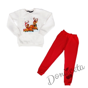 Ватиран коледен детски комплект с панталон в червено и блуза в бяло с две еленчета 1