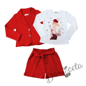 Комплект за момиче от къси панталони и сако в червено и блуза с дълъг ръкав и момиче в каре